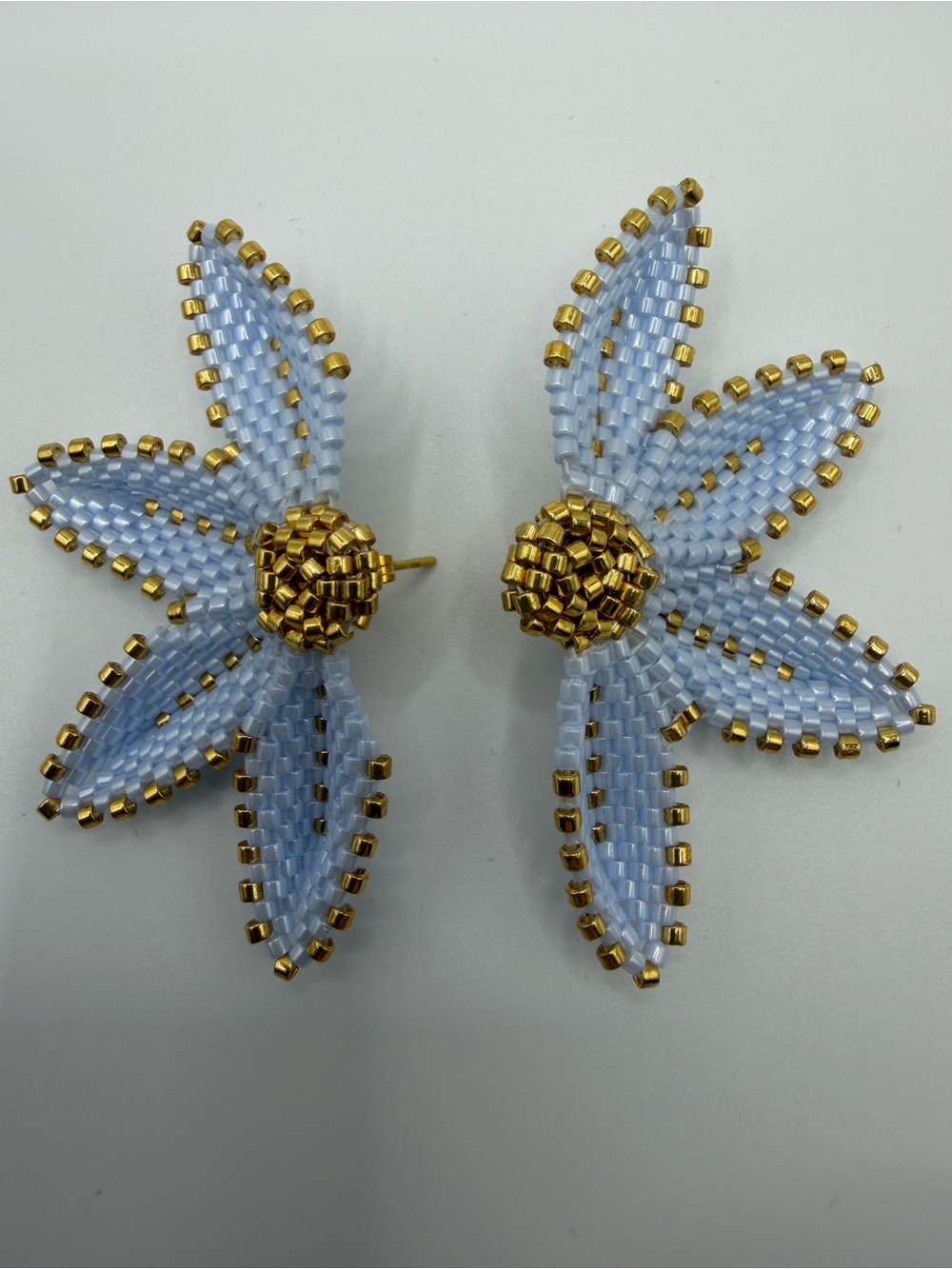 Handmade White and Gold Beaded Flower Earrings